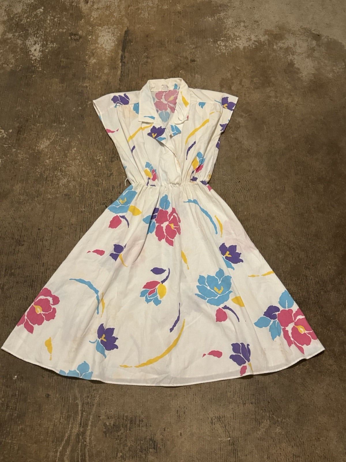 Vtg 80s Floral Shirt Dress White Midi Abstract Bright Flawed Stains AS IS Sz 11