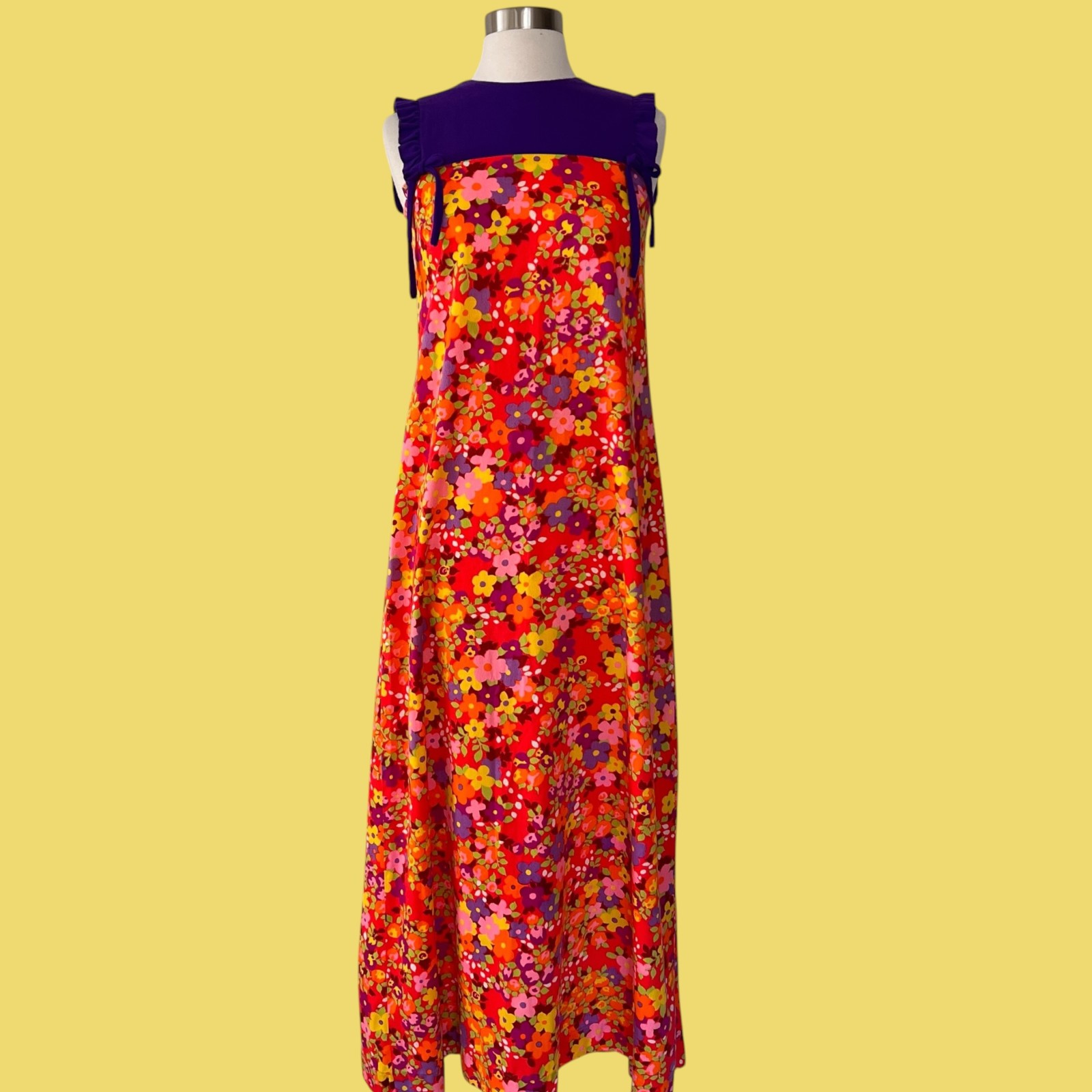 Vintage 70s Neon Barkcloth Hawaiian Maxi Dress, XS