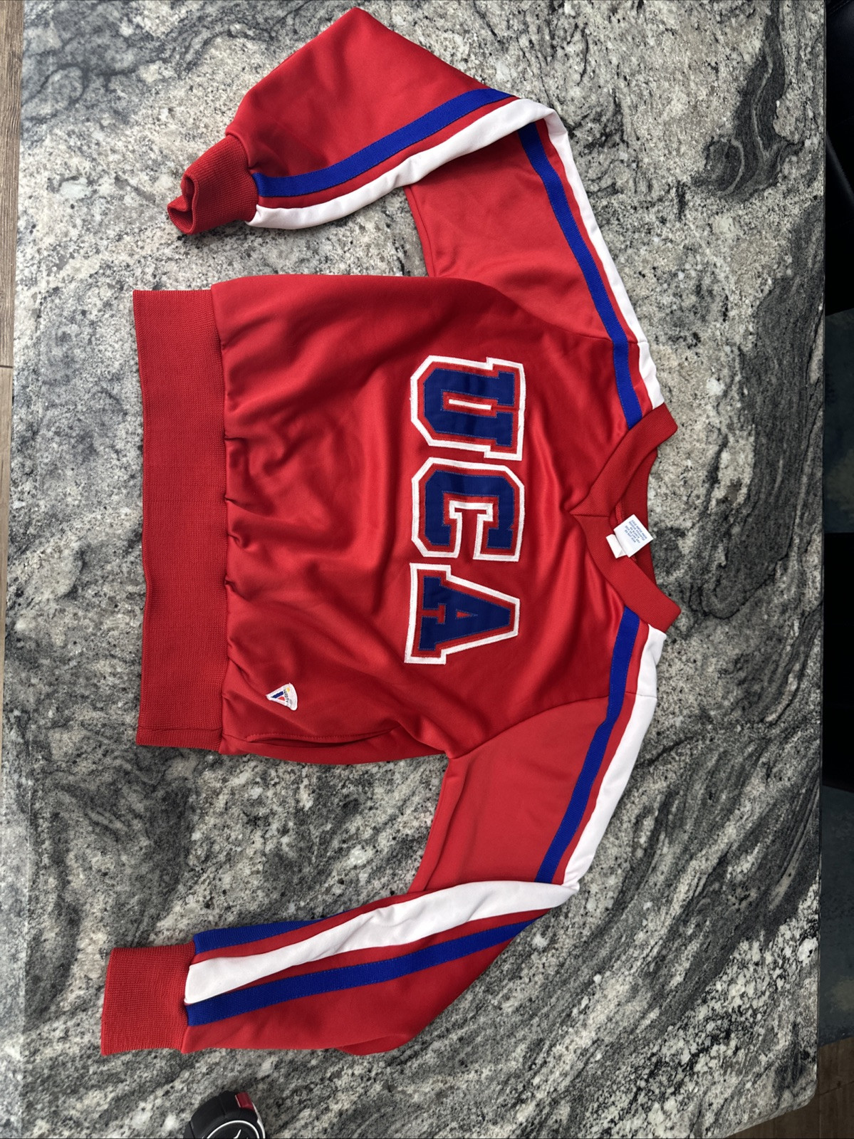 Vtg UCA Varsity Spirit Fashions Cheer Sweater Made in USA Logo Embroidery RED