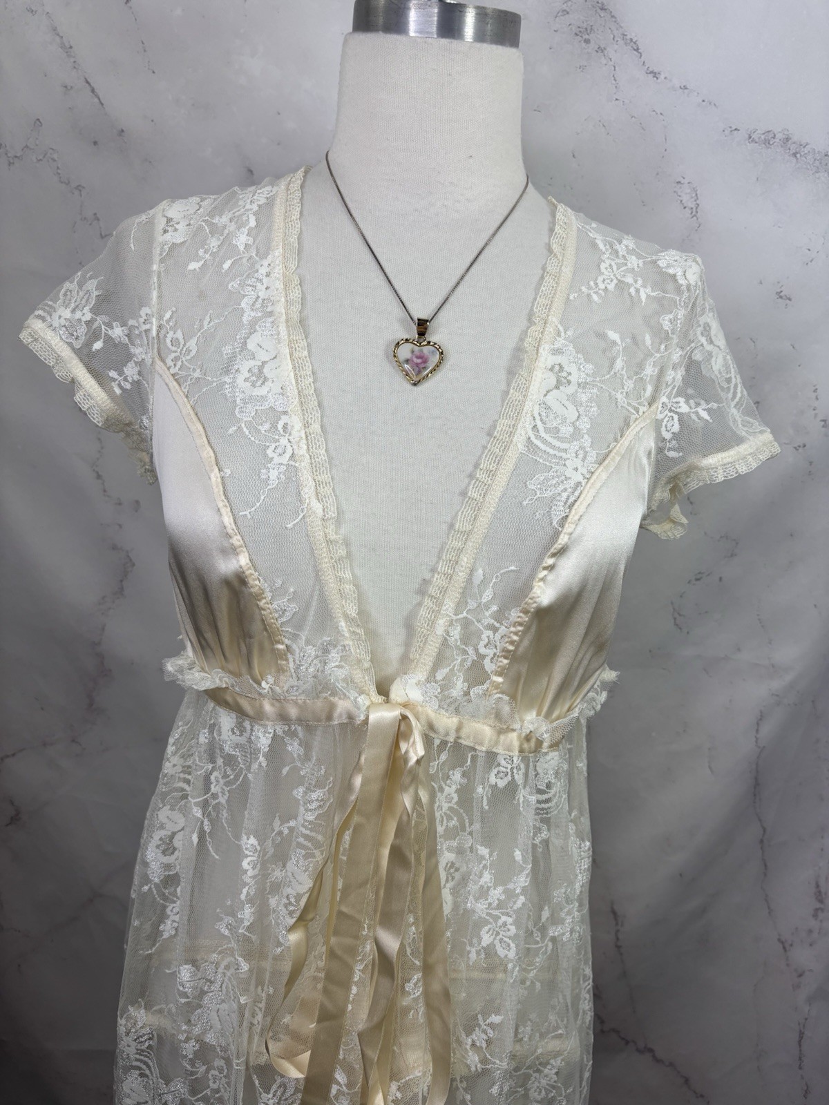 Vtg 90s CLAIRE PETTIBONE Babydoll Sheer Lace Silk Nightgown Robe Dress S Bride
