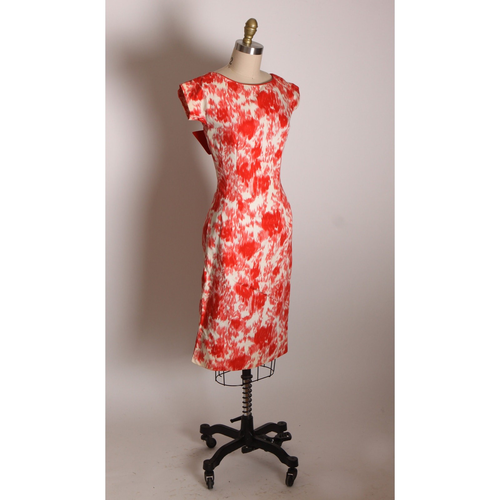 1950s Coral Red Orange Pink White Abstract Short Sleeve Wiggle Dress