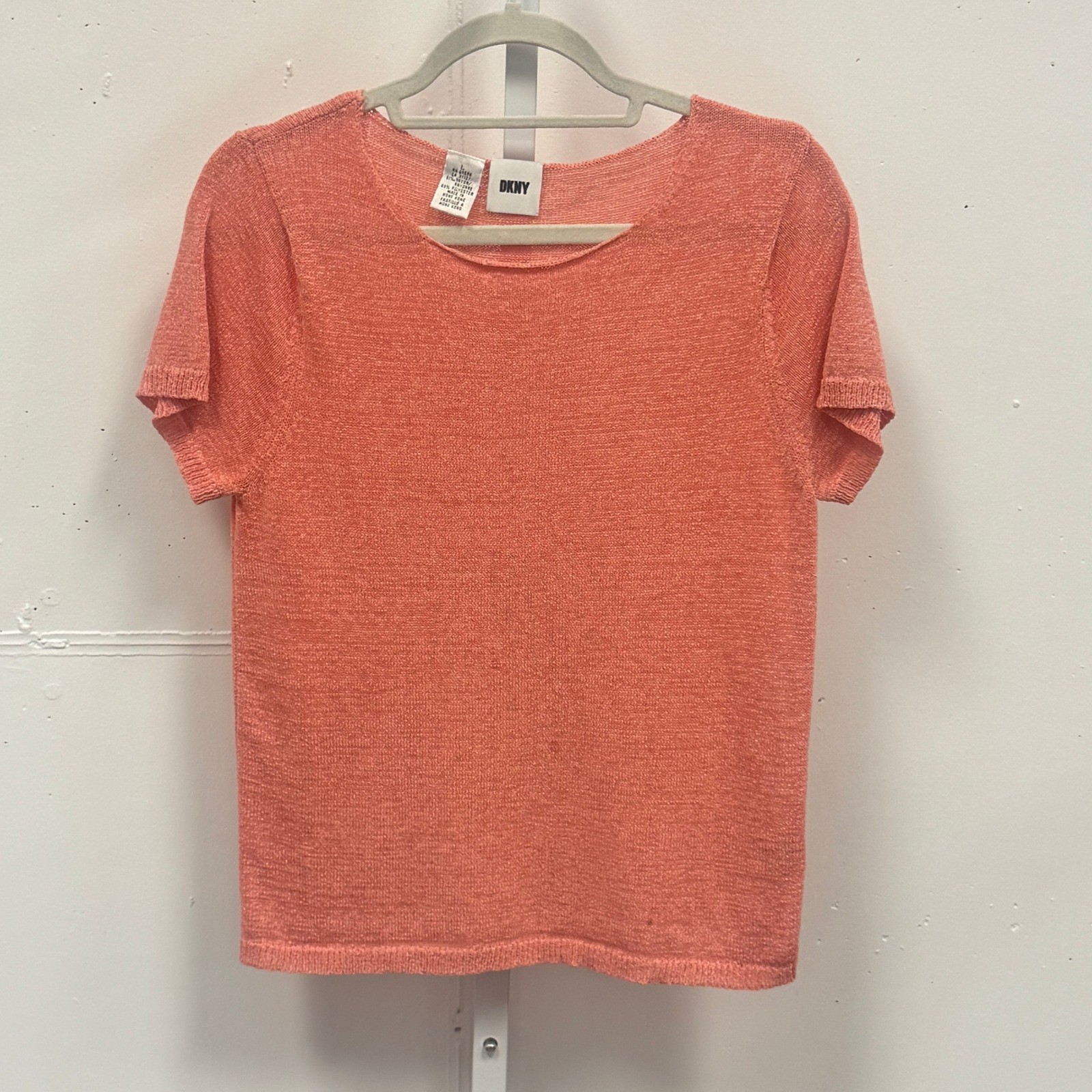 Vintage DKNY Coral Peach Knit Scoop Neck Short Sleeve Top T-shirt Size Large Y2K