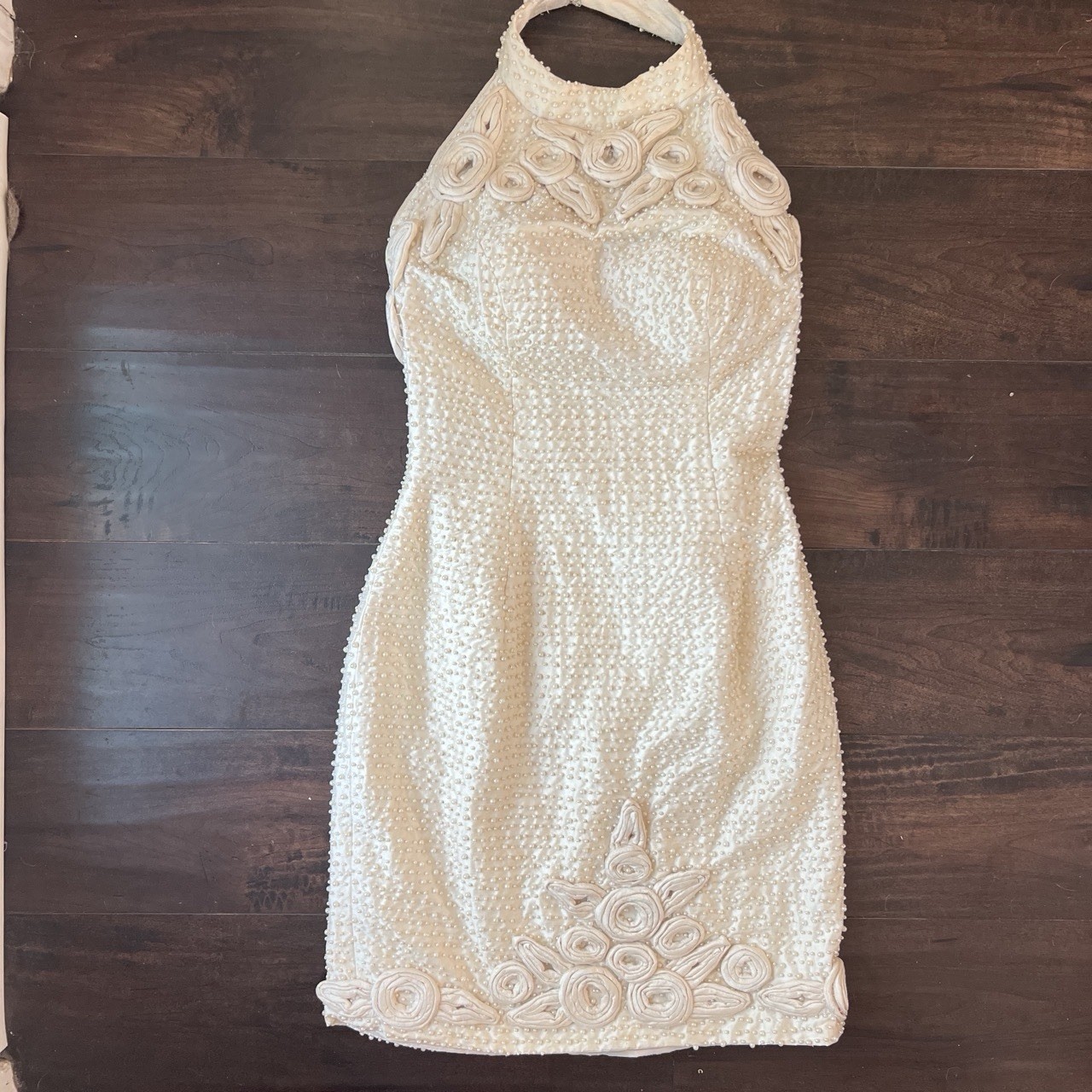 Vtg 90s Baracci Couture Pearl Embellished Rosette Silk Halter Mini Dress Wedding