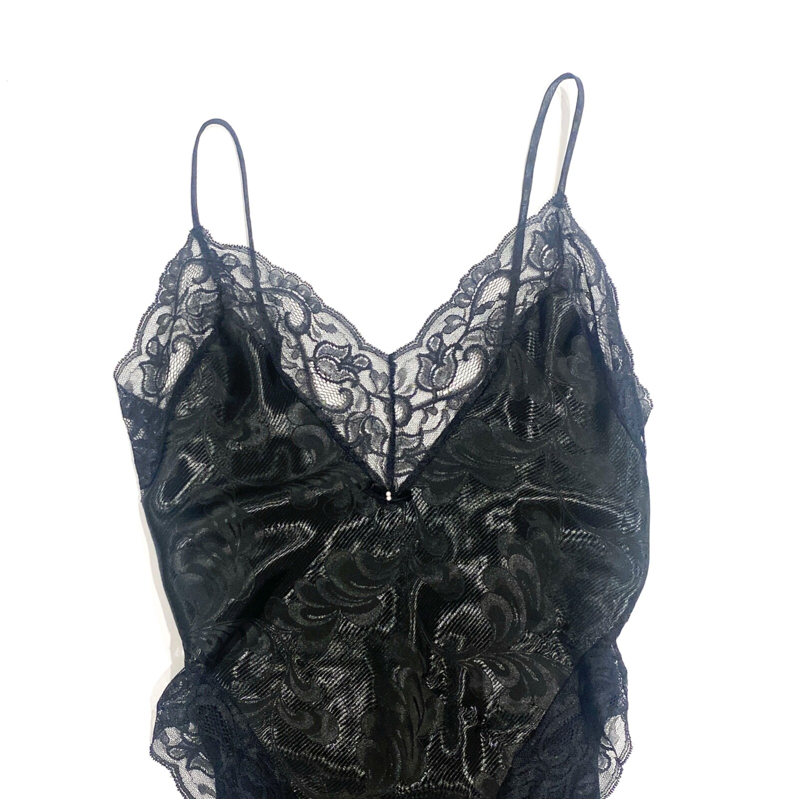 Vintage Lingerie. Black with lace trim and floral print on fabric. Thin spaghett