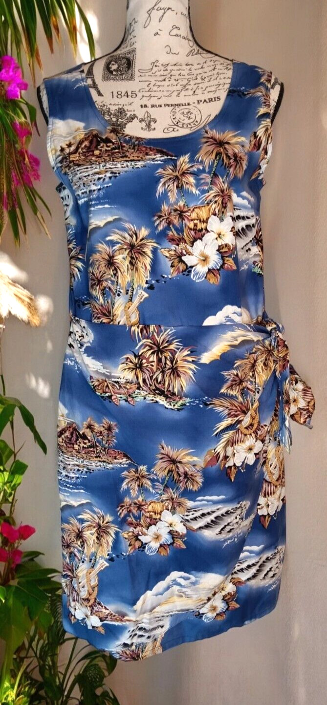 Vintage Hilo Hattie Medium Hawaii Wrap Dress, Blue, Hibiscus Volcano Sleeveless