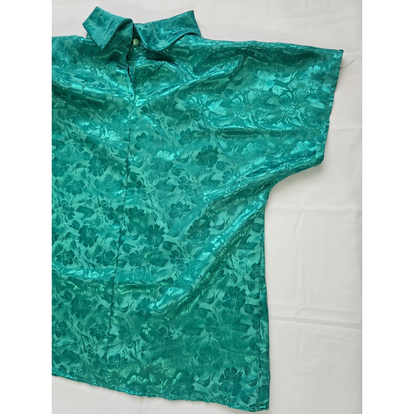 Cindy Collins Vintage Emerald Green Floral Jacquard Mock Neck Blouse Large USA
