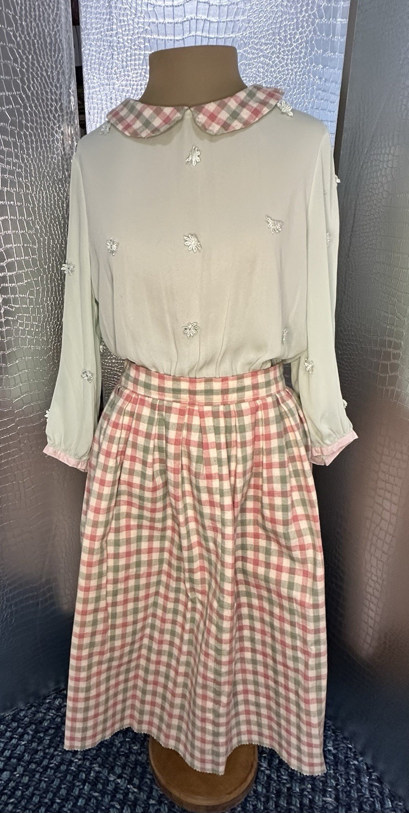 Vintage Mint Green Dress With Matching Red Green Beige Plaid Skirt