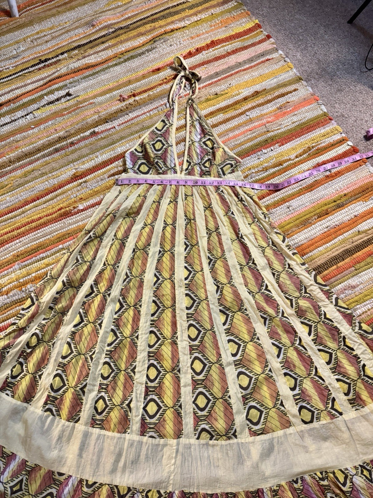 Vtg Yellow 70s Halter Gauze Cotton India Maxi Dress Full Sweep Hostess Boho Glam