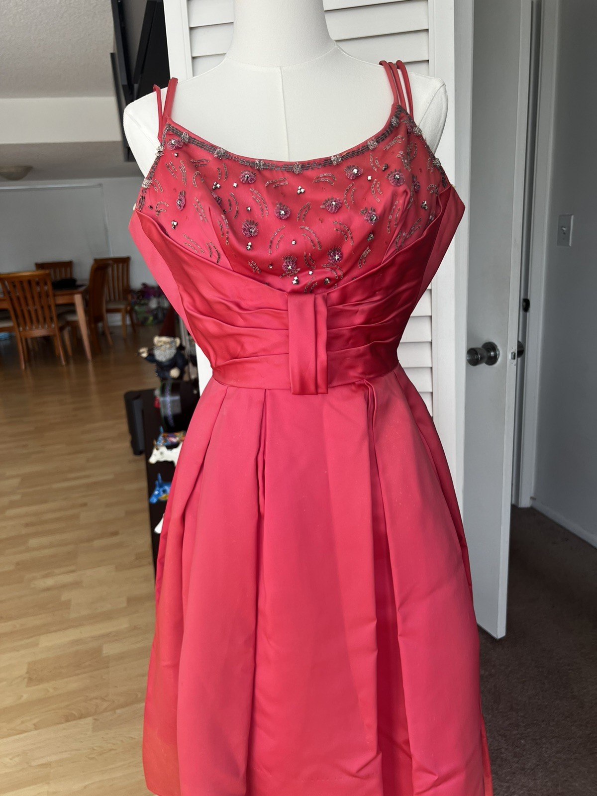 1949 Will Steinman Vintage Coral Satin Dress 22” Waist XXS Full Skirt 40s