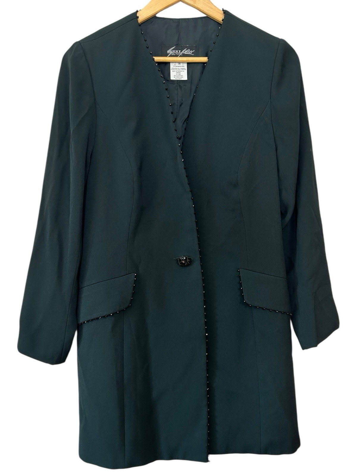 Sunny Choi Vintage Emerald Greed Beaded Sequin Accent Longline Button Blazer 14