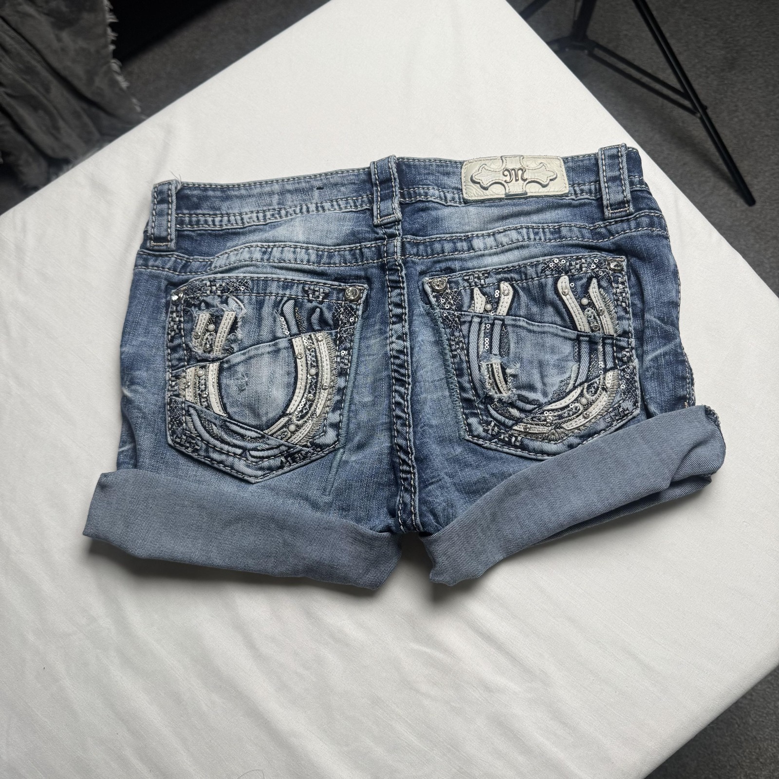 Miss Me Denim Shorts Womens 28 Blue Rolled Cuff Embellished Back Pockets Casual