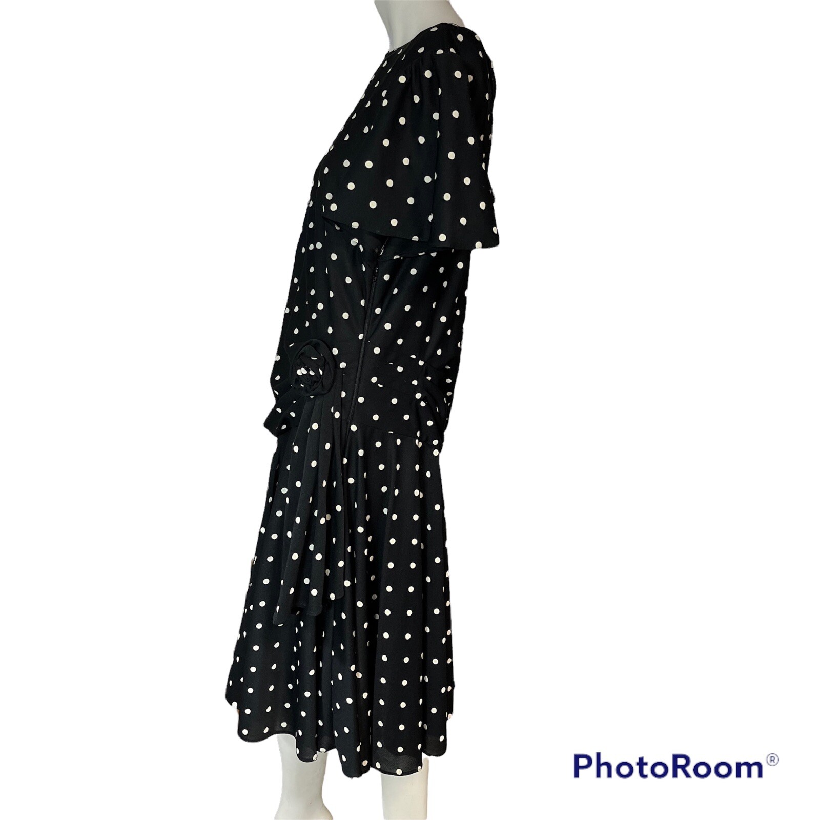 Vintage Black Dress Size 15 16 Black White Polka Dot Gathered Party Classic 80s