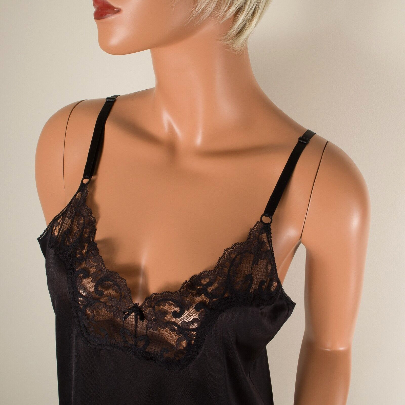 💖 VINTAGE SEARS Isn’t It Divine Black Cami Tank Top Nylon LaceTrim 36 NWOT