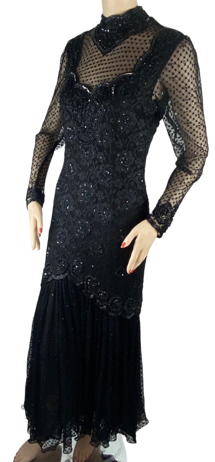 Vintage JUDITH ANN Creations Black Beaded Prom Formal Dress Gown S 80s 90s