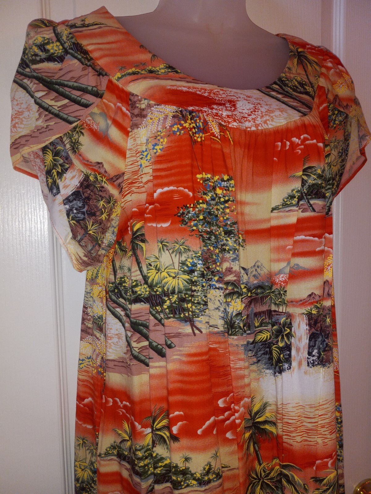 Vintage Puanani Hawaiian Island Orange Rayon Tiki Oasis Maxi Muumuu Dress M