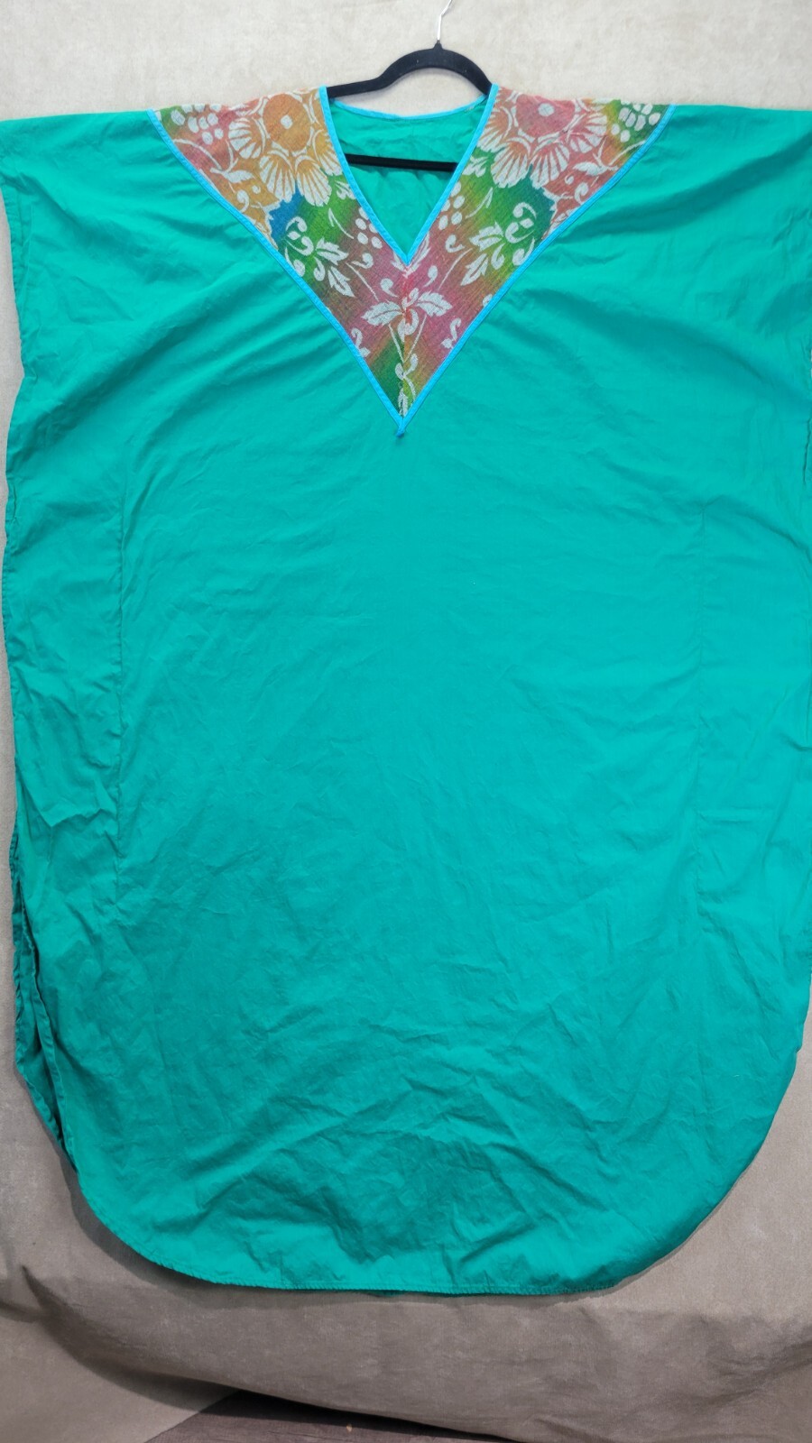 Vintage Womens Teal Muumuu With A Multi Colored Cheese Cloth Vneck Design