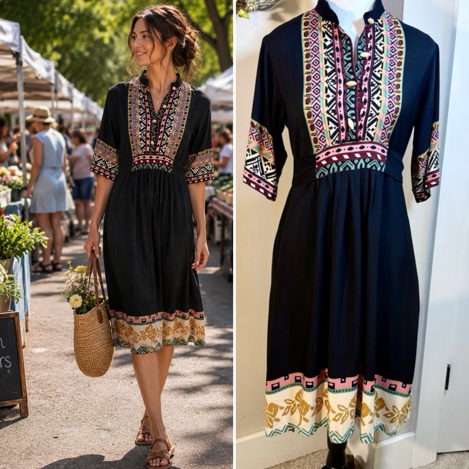 💥Vintage Ragtime Boho Midi Dress Pintuck Bodice Bodice Sz S💛