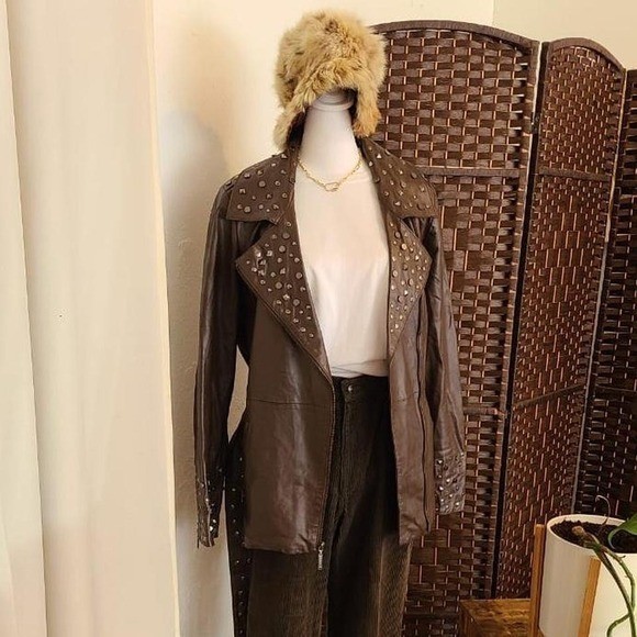 BRADLEY Vintage Genuine Leather Moto Stud Jacket Brown Y2k Belted Size Large