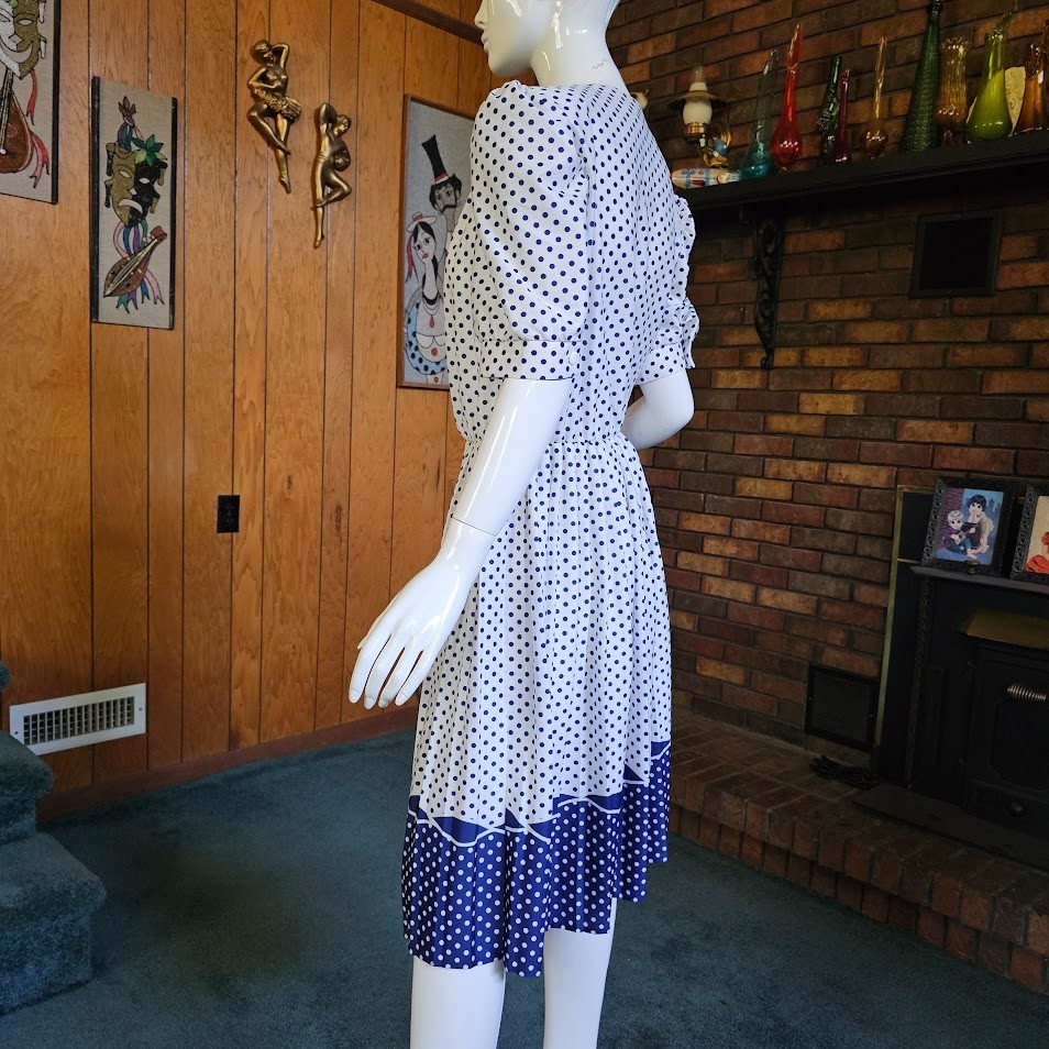 Vtg 80s Polka Dot Preppy Secretary Shirtwaist Blouson Modest Office Dress M/L