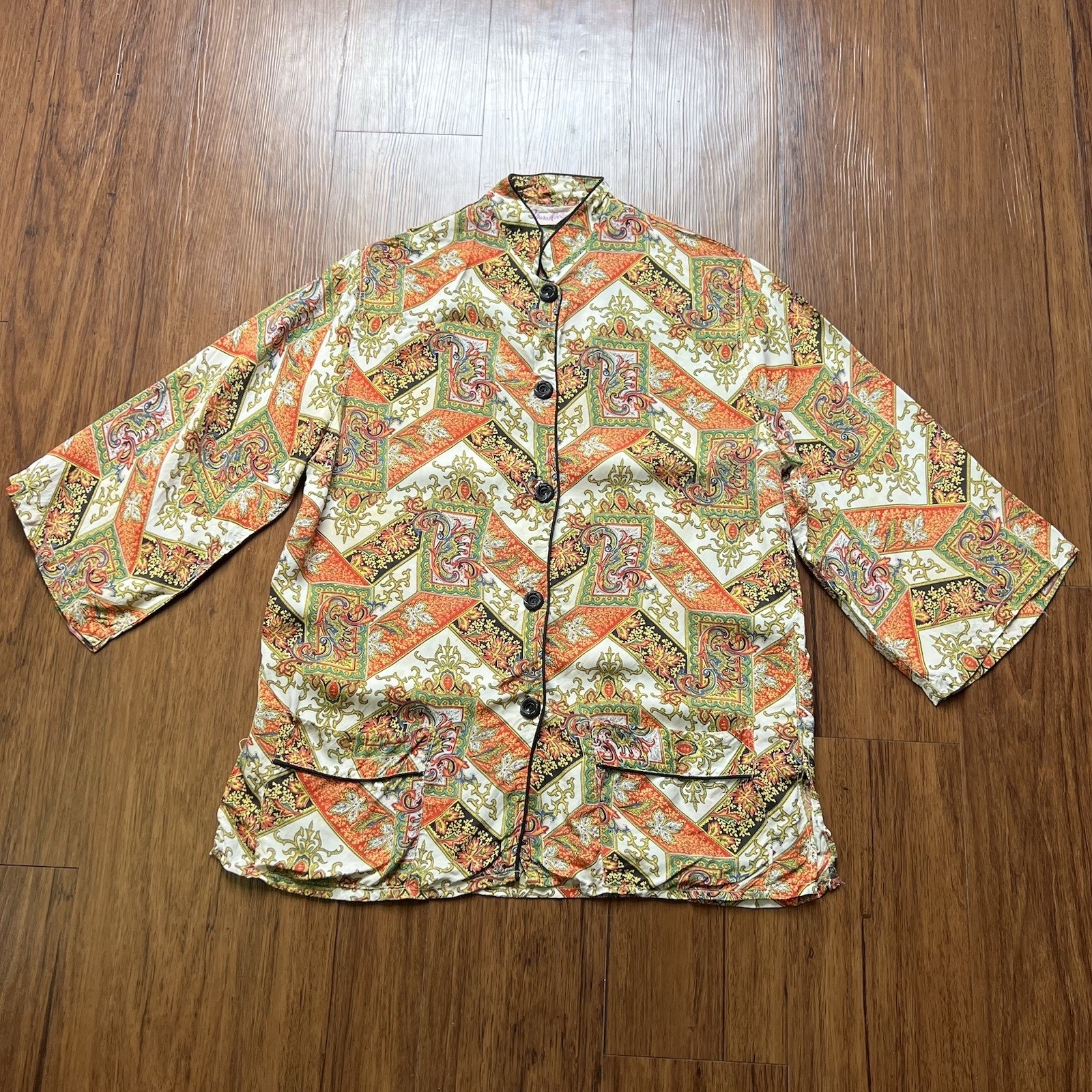 Vintage Mara Kobb Shirt Colorful Print Button Rayon Mandarin Collar 1940’s 50’s