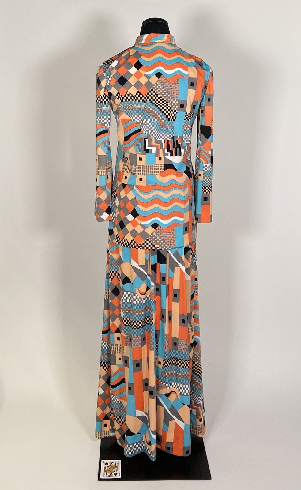 033 1970s Halter dress set, jacket, orange op-art Pat Sandler size XS VG!