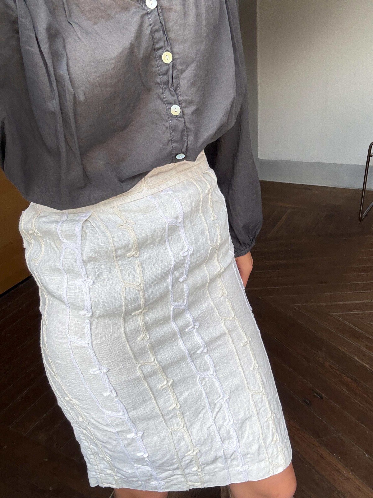 Vintage HANDMADE white textured pencil skirt, High Waisted Midi Skirt,