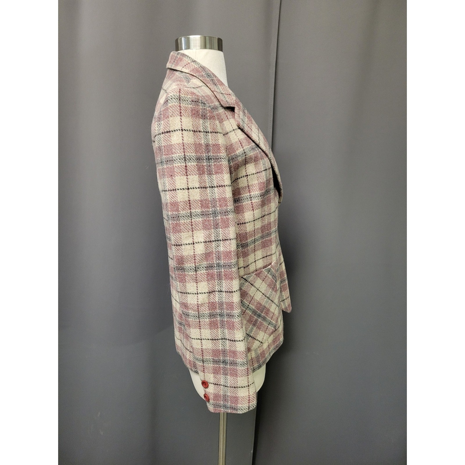 Prestige of Boston Blazer Pink Cream Plaid Wool Blend Vintage ILGWU Size 8