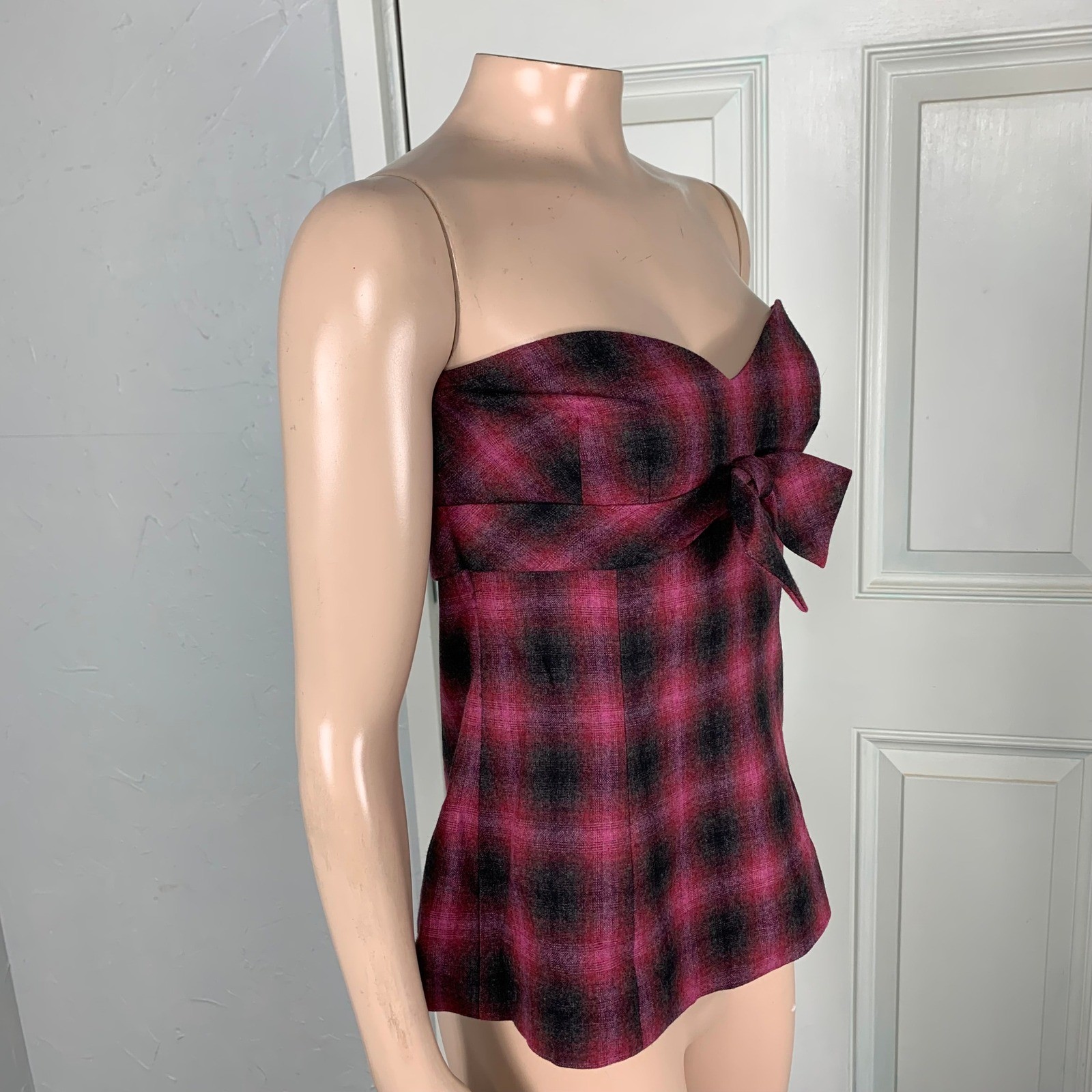 Trina Tuck Shirt 4 Plaid Wool Tube Top Women’s Bow Strapless Party I4-27