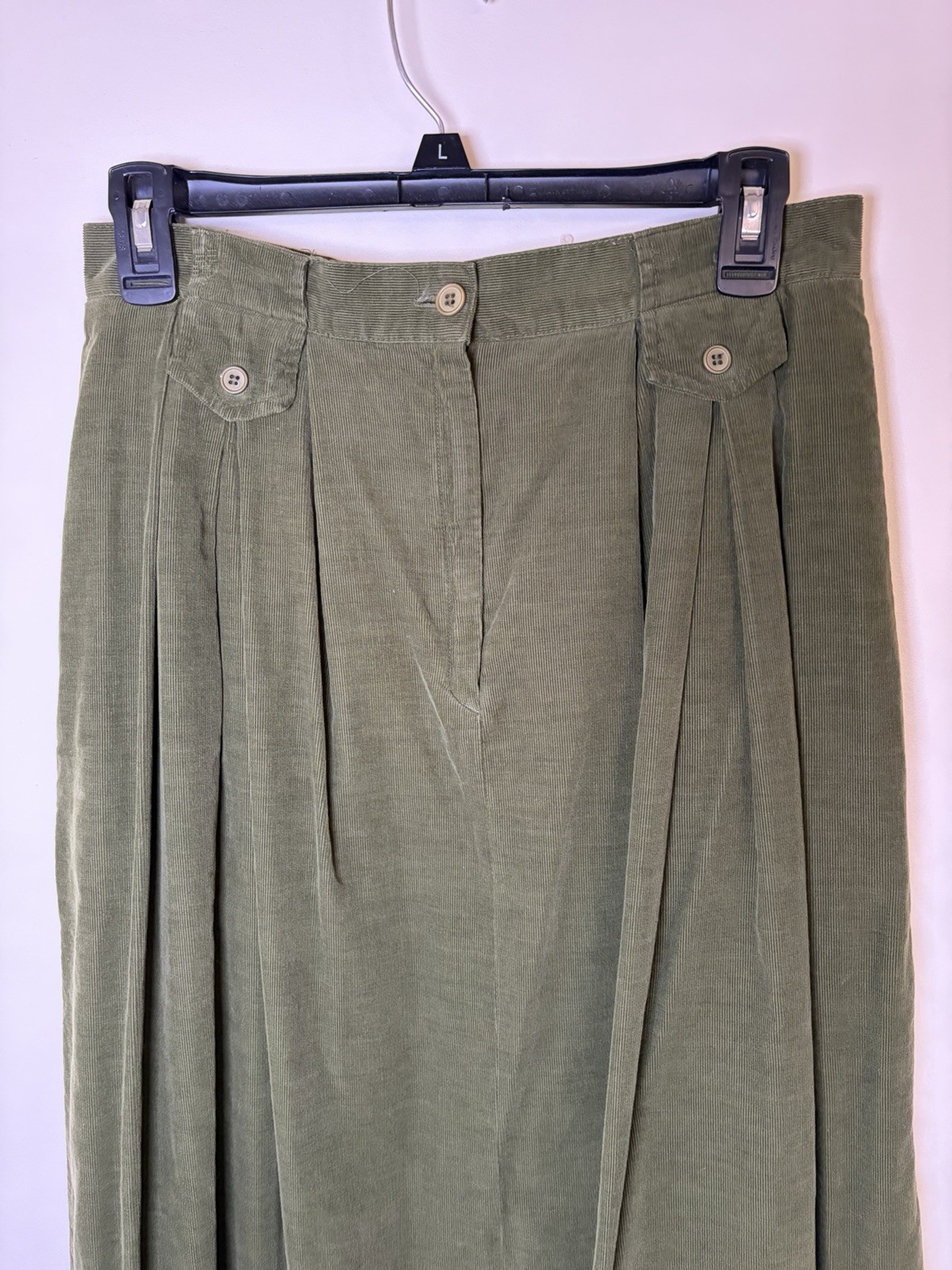 Vtg Susan Bristol Army Green Corduroy Long Length Skirt Made In Hong Kong Preppy