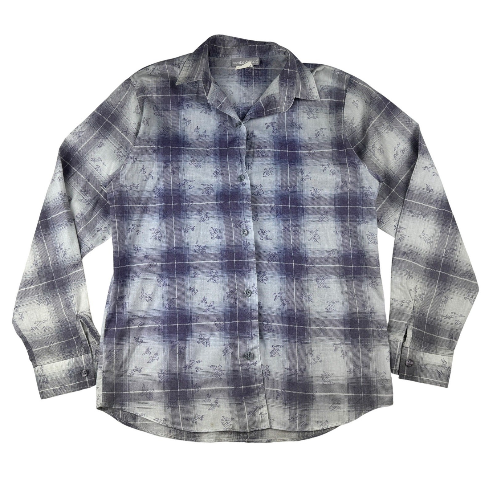 Vintage White Stag Plaid Bird Print Button Down Shirt Blue Grey USA Made Large