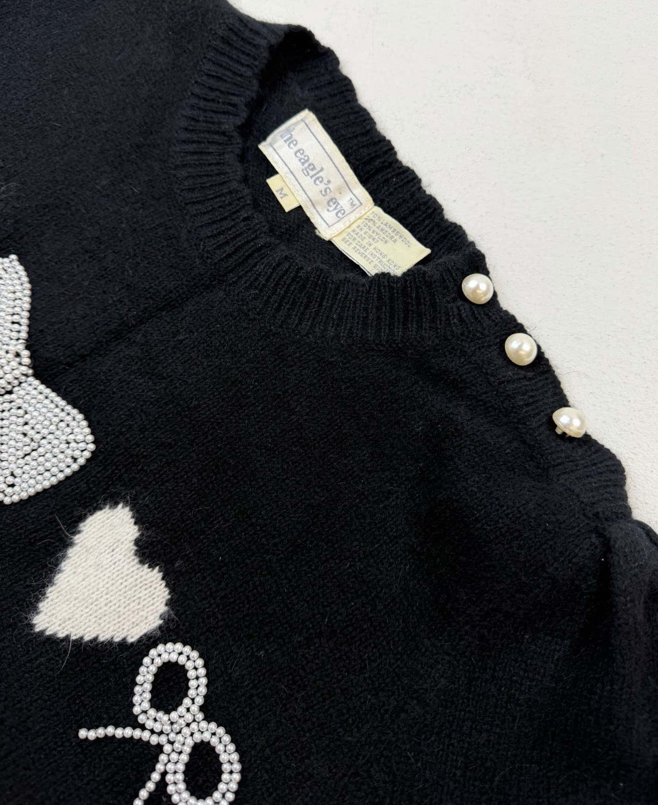 Vtg The Eagle’s Eye Sweater Sz M Black Pearl Bows Hearts Angora Lambswool Blend