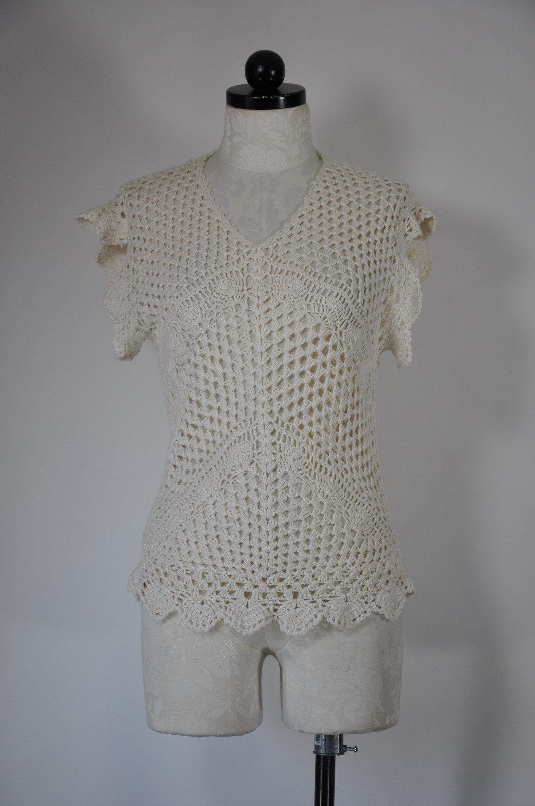 70s Cream Crochet Bohemian Knit Tank Top Sleeveless Pullover Sweater Women S M