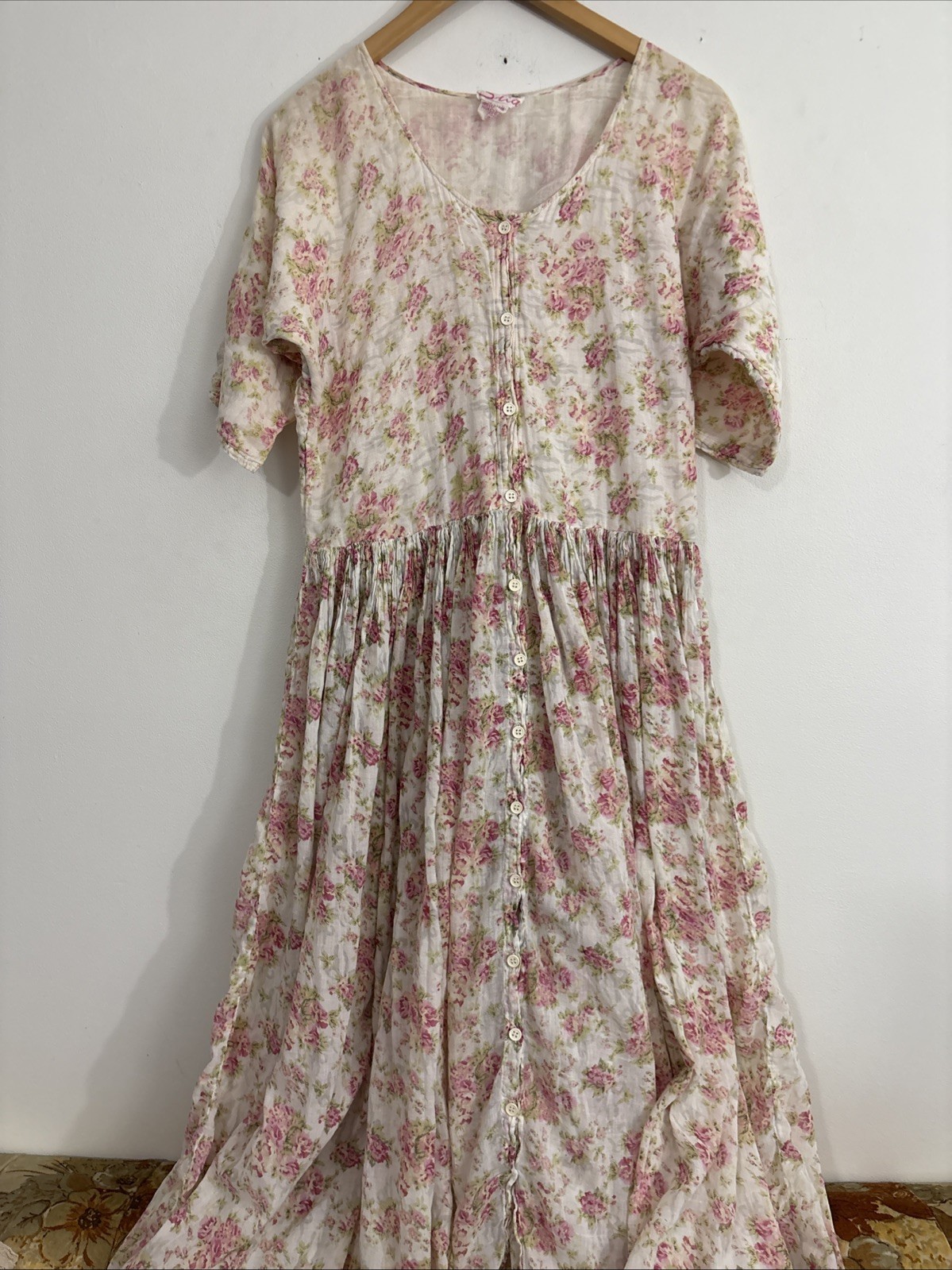Vintage Sita Cotton Floral Maxi Dress Medium Cottagecore Boho Button Front