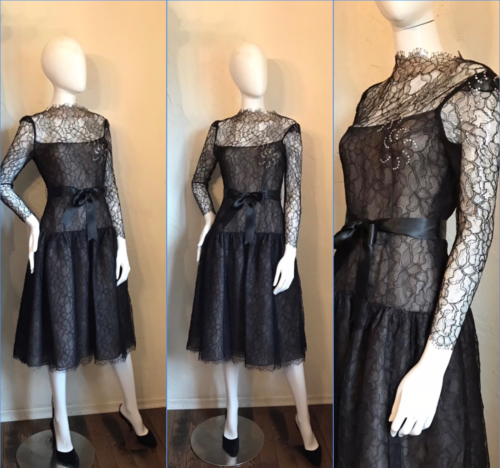 VINTAGE 1970’s Mollie Parnis Illusion Lace Cocktail Party DRESS S