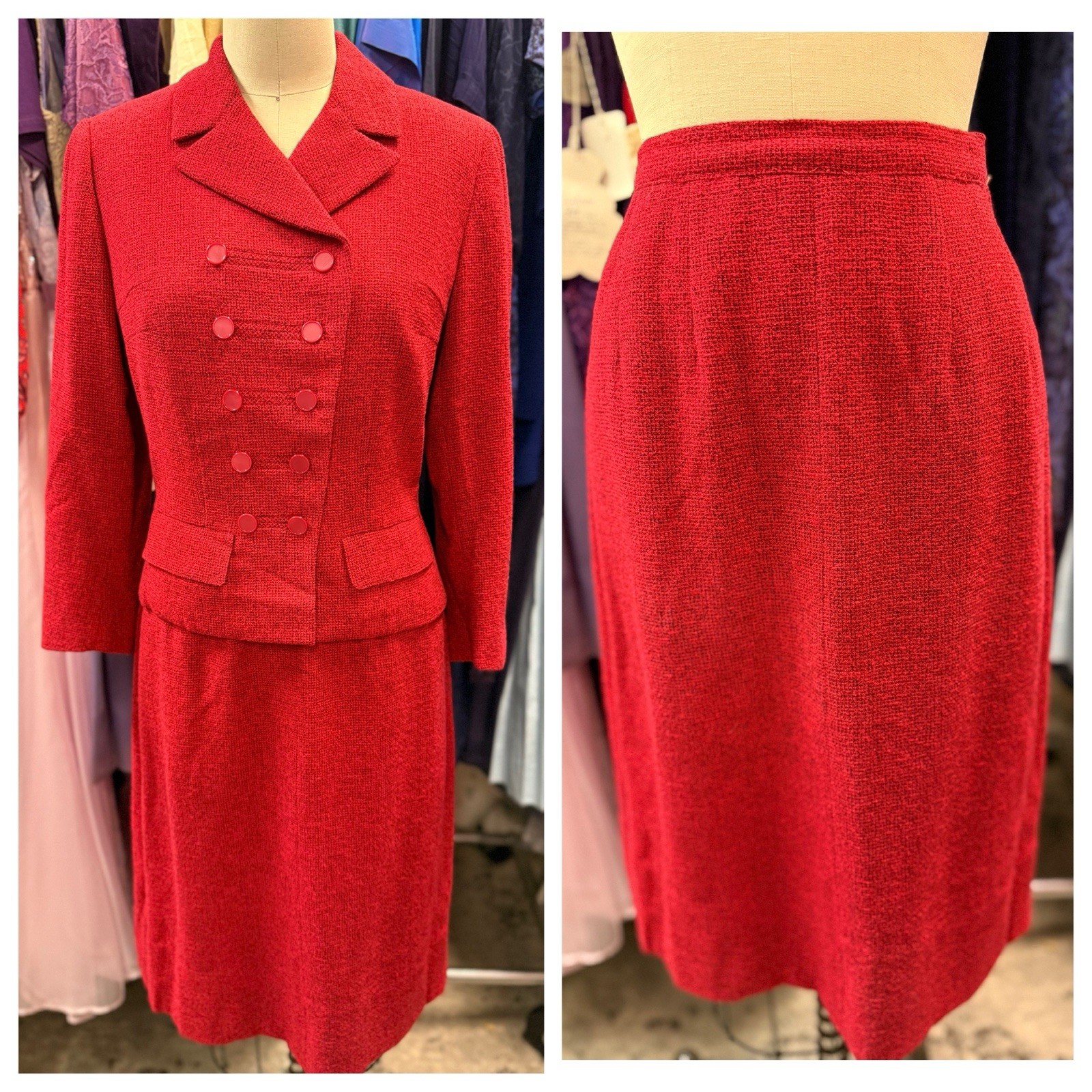 Vintage 1950s Textured Cherry Red Tweed 2pc Womens Suit Blazer / Skirt Small