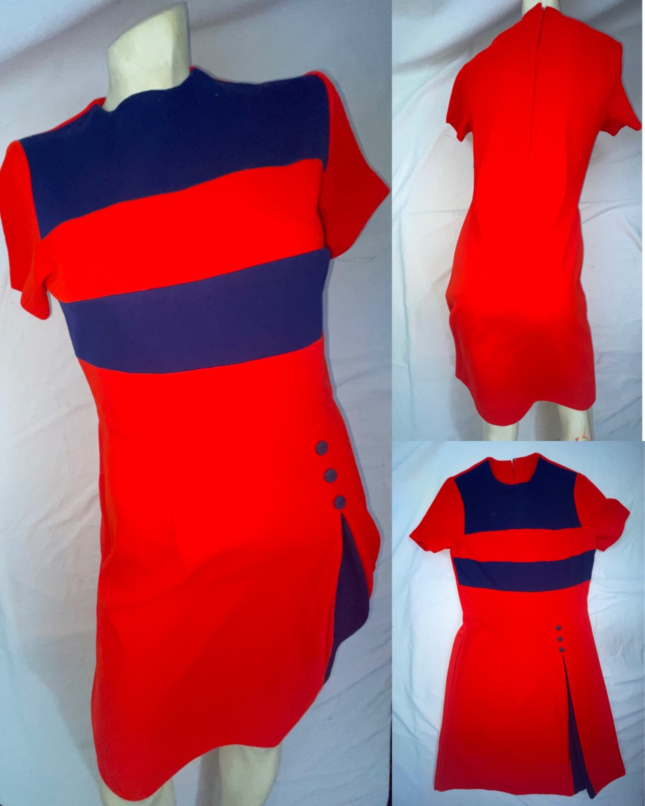 VTG 60S 70S WOMENS S RED BLUE STRIPE ACRYLIC DISCO RETRO GOGO MOD DRESS