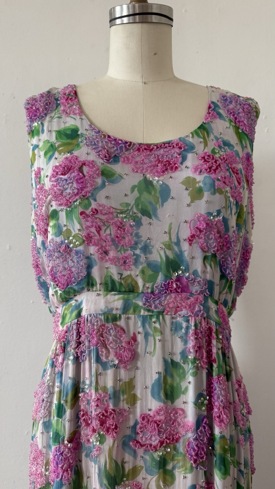 Vintage 1950s 60s Rare Designer Sara Fredericks Hand Beaded Chiffon Evening Gown