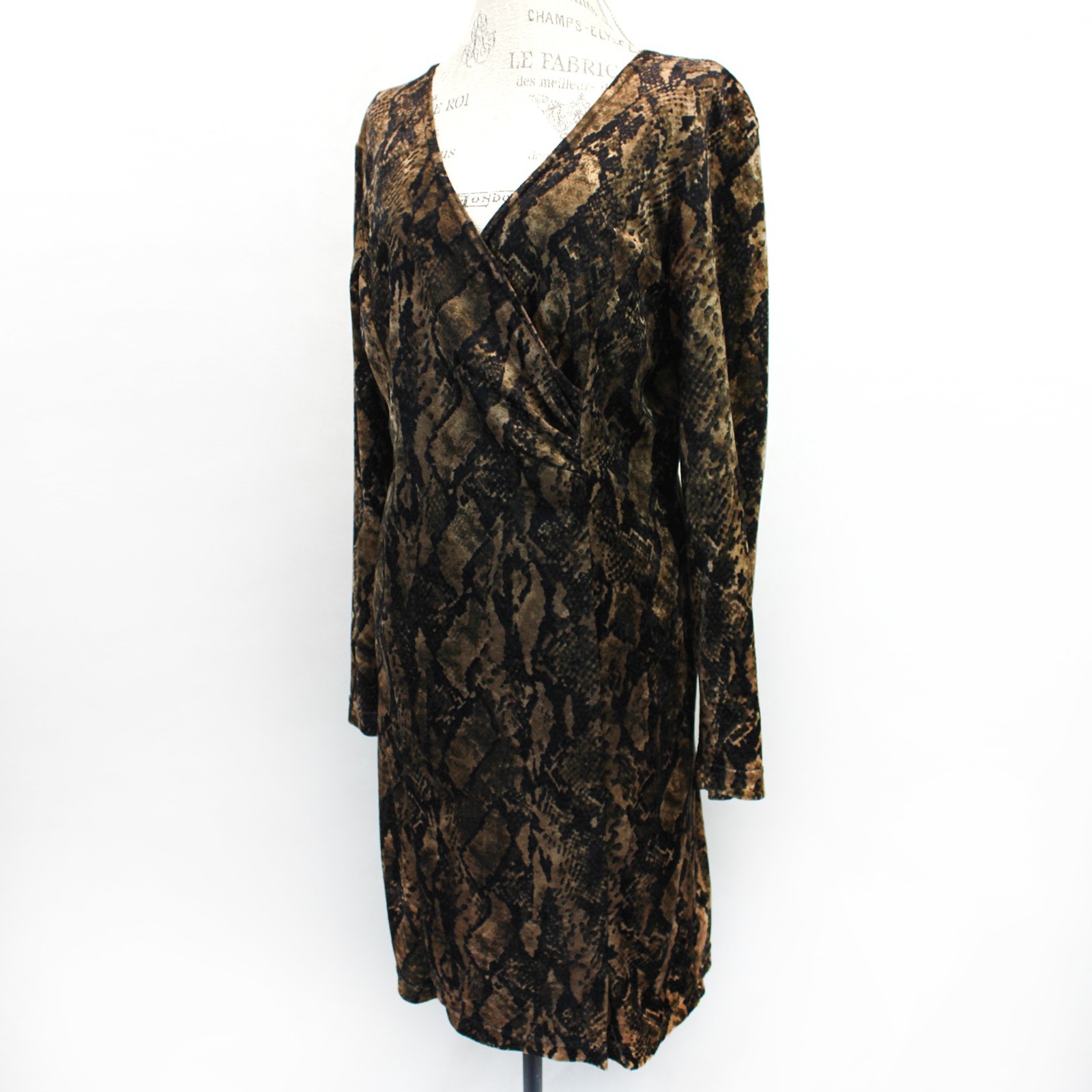 Vintage Carole Little Velure Snake Print Rayon Crepe Sheath V-Neck Dress Size 12