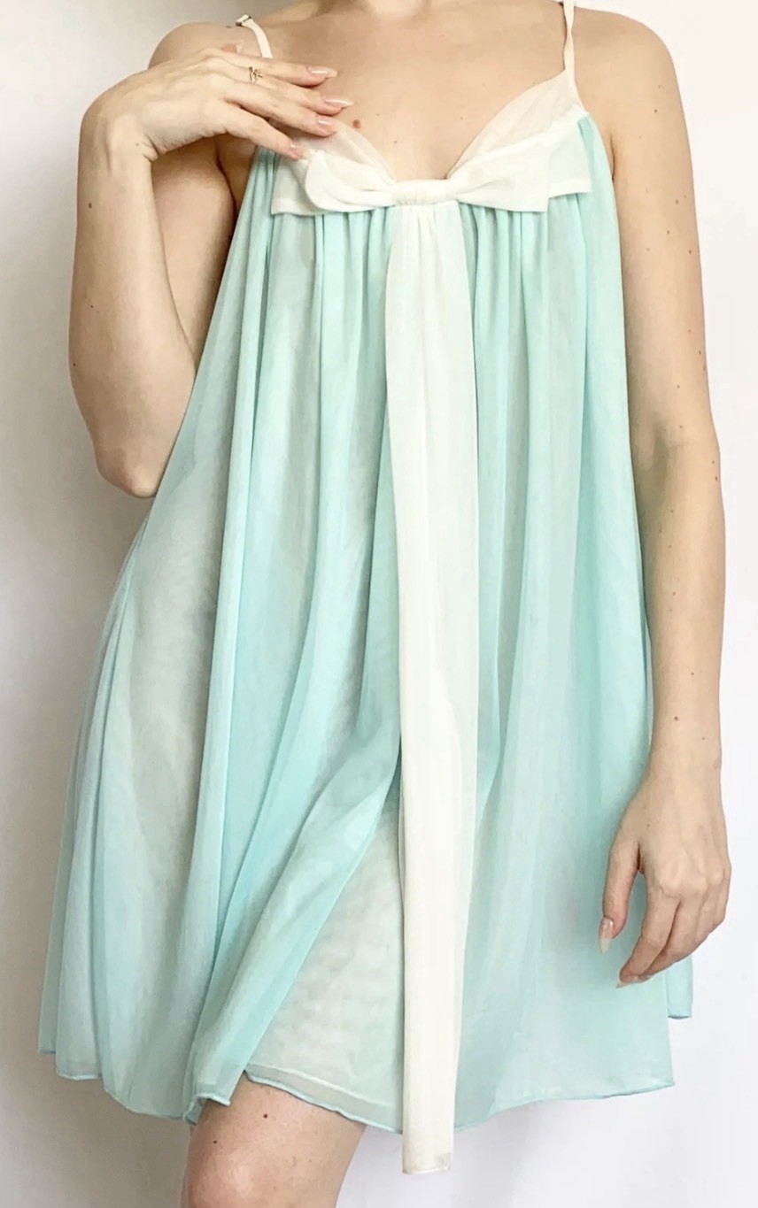 VTG Y2K Women’s Betsey Johnson Bluish Teal White Bow Babydoll Flowy Slip Dress L