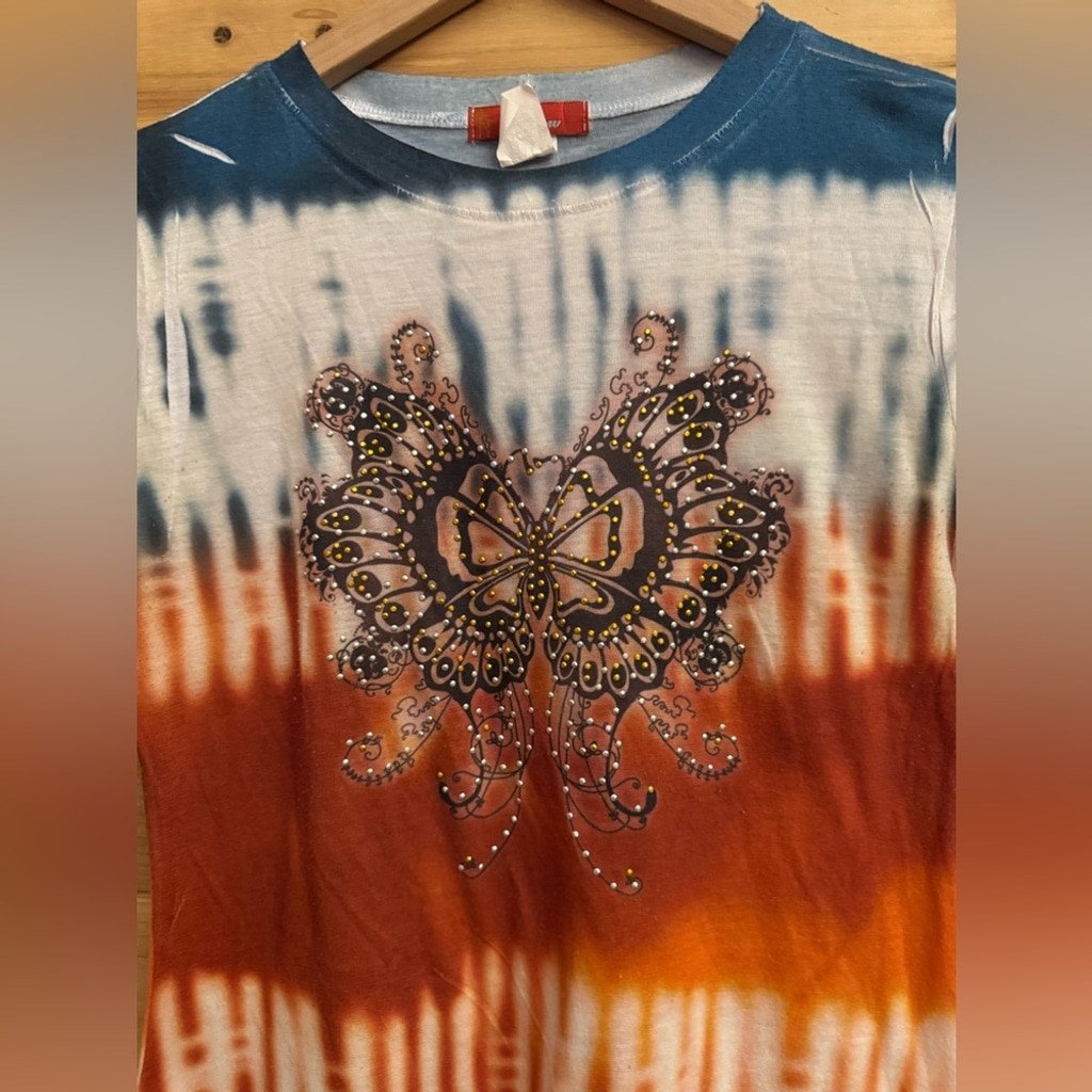 Vintage Y2K Size Small Butterfly Moth Tie Dye Retro Psychedelic Baby Tee