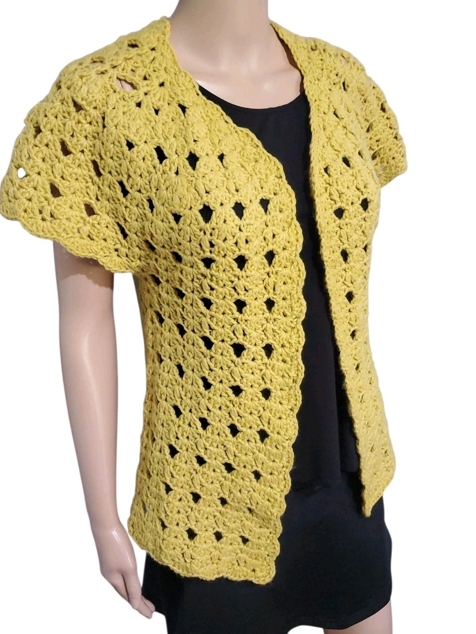 Vintage Crochet Sweater S/M Golden Yellow Handmade Open Front Short Sleeve