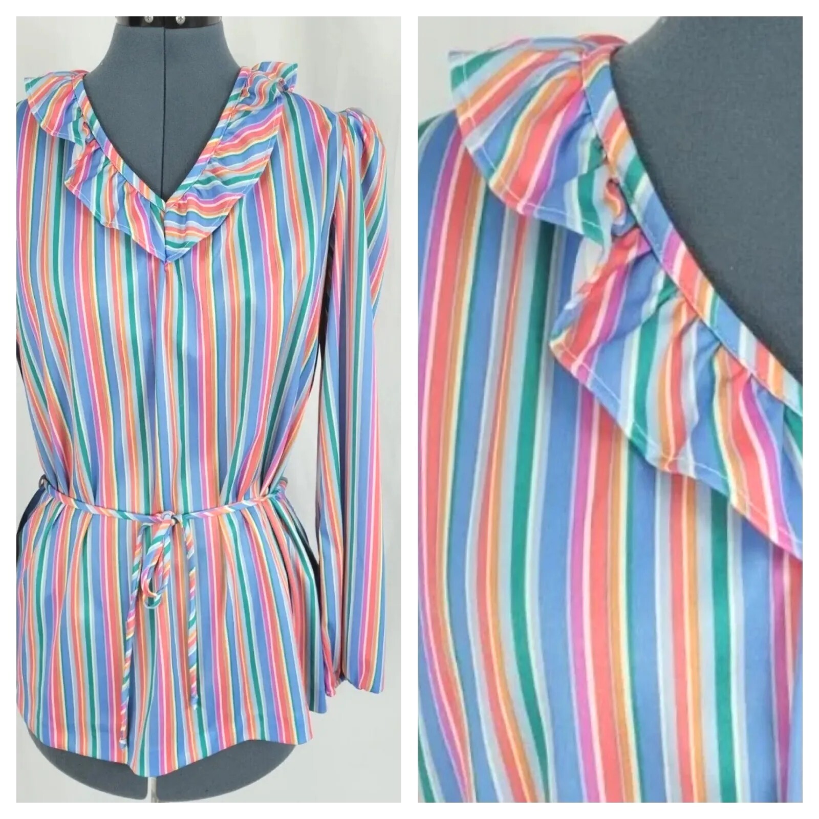 Vintage Beeline Polyester Striped Top with Ruffled Collar and Tie Waist Size XL?