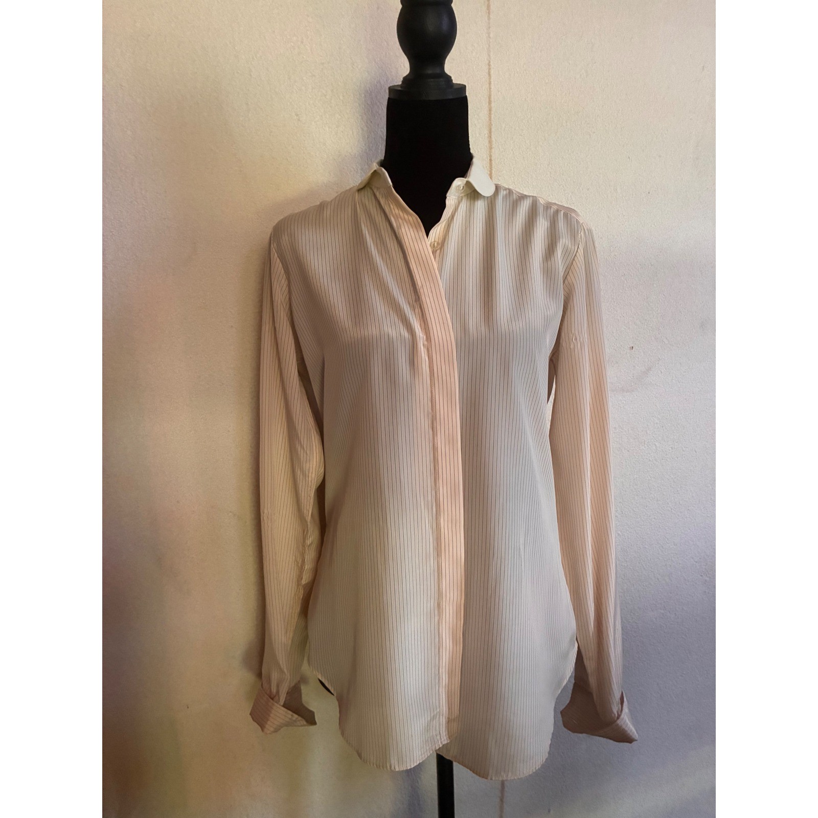 Vintage Button Down Blouse Womens 10 Cream Pinstripe Fair Peter Pan Collar Long