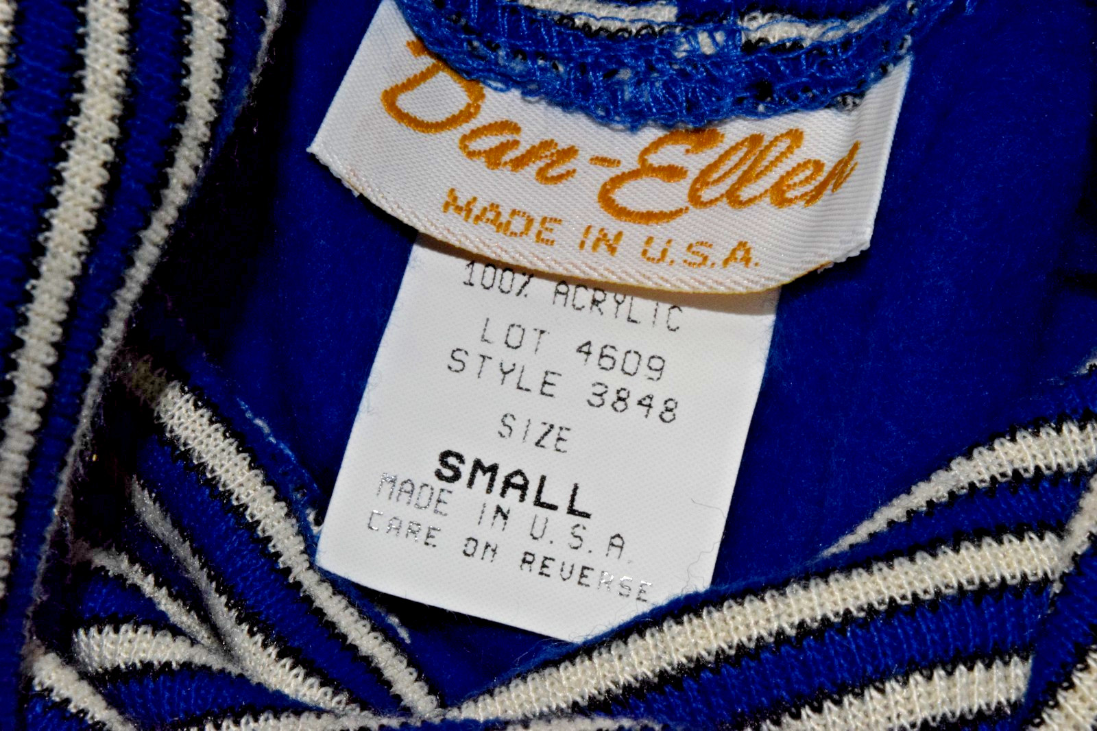 Vintage Housedress Dan Ellen Size S 70s Blue Stripe Sleeve Turtleneck Made USA