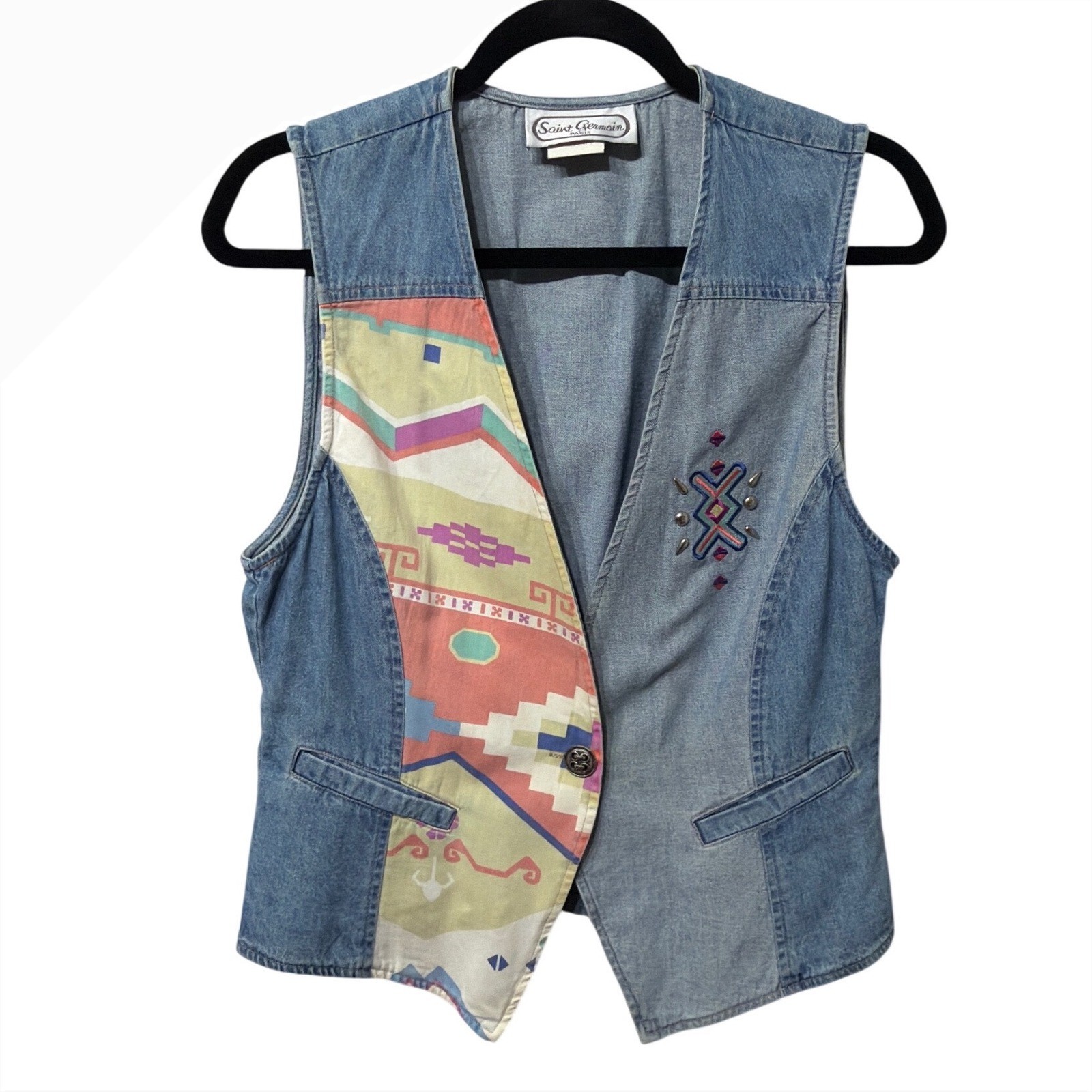 Saint Germain Paris Vintage Denim Vest Southwestern Studded Blue Medium Petite