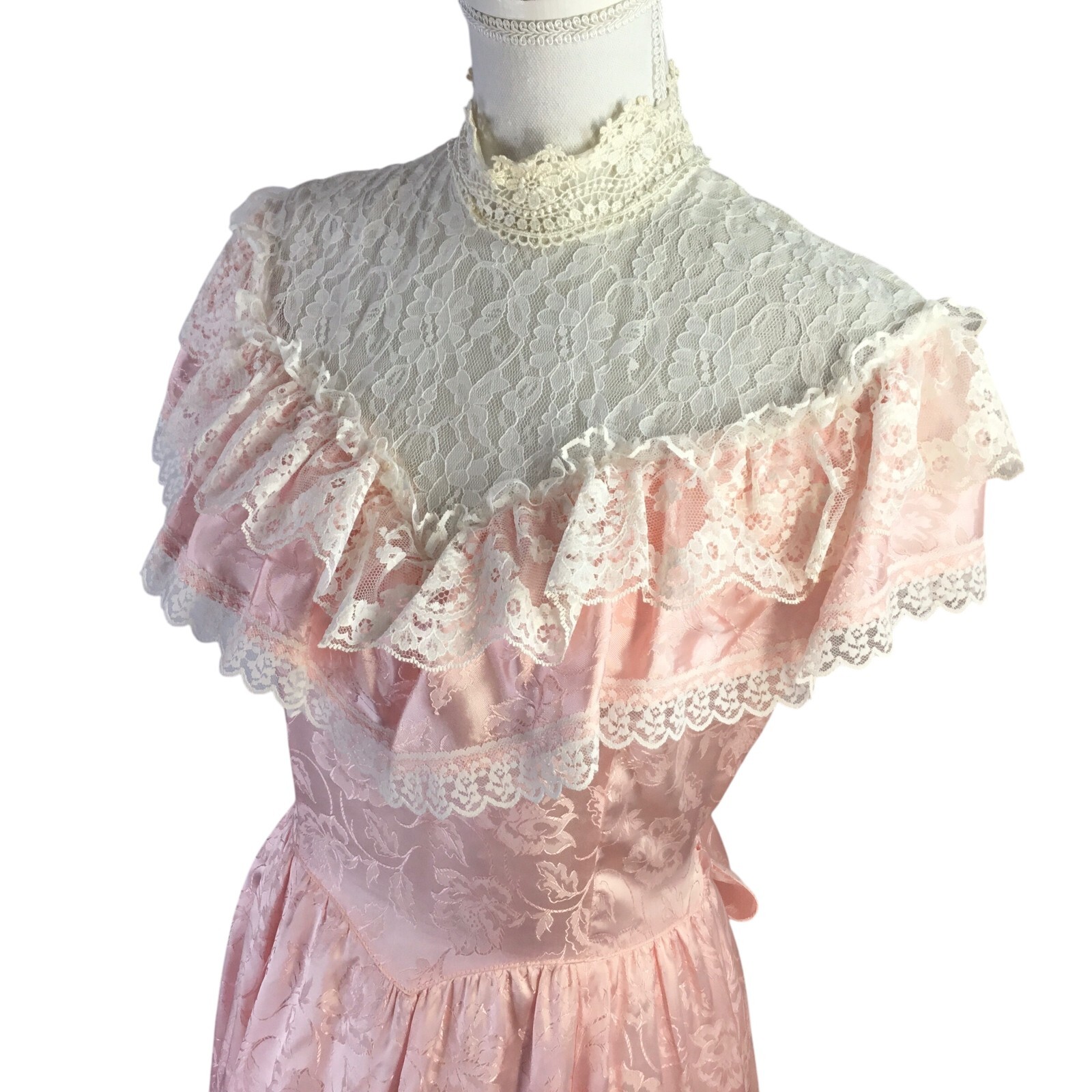 Vintage Gunne Sax Dress Jessica McClintock Prairie Lace Pink Maxi Long High Neck