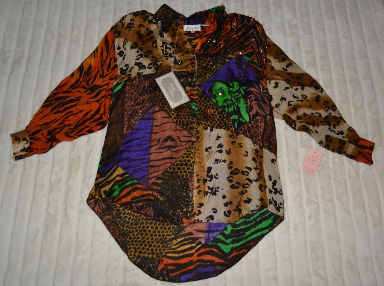 Judith Ann Rare Vintage Silk Button Down NWT – Sequin Embellished Hi-Lo Blouse M
