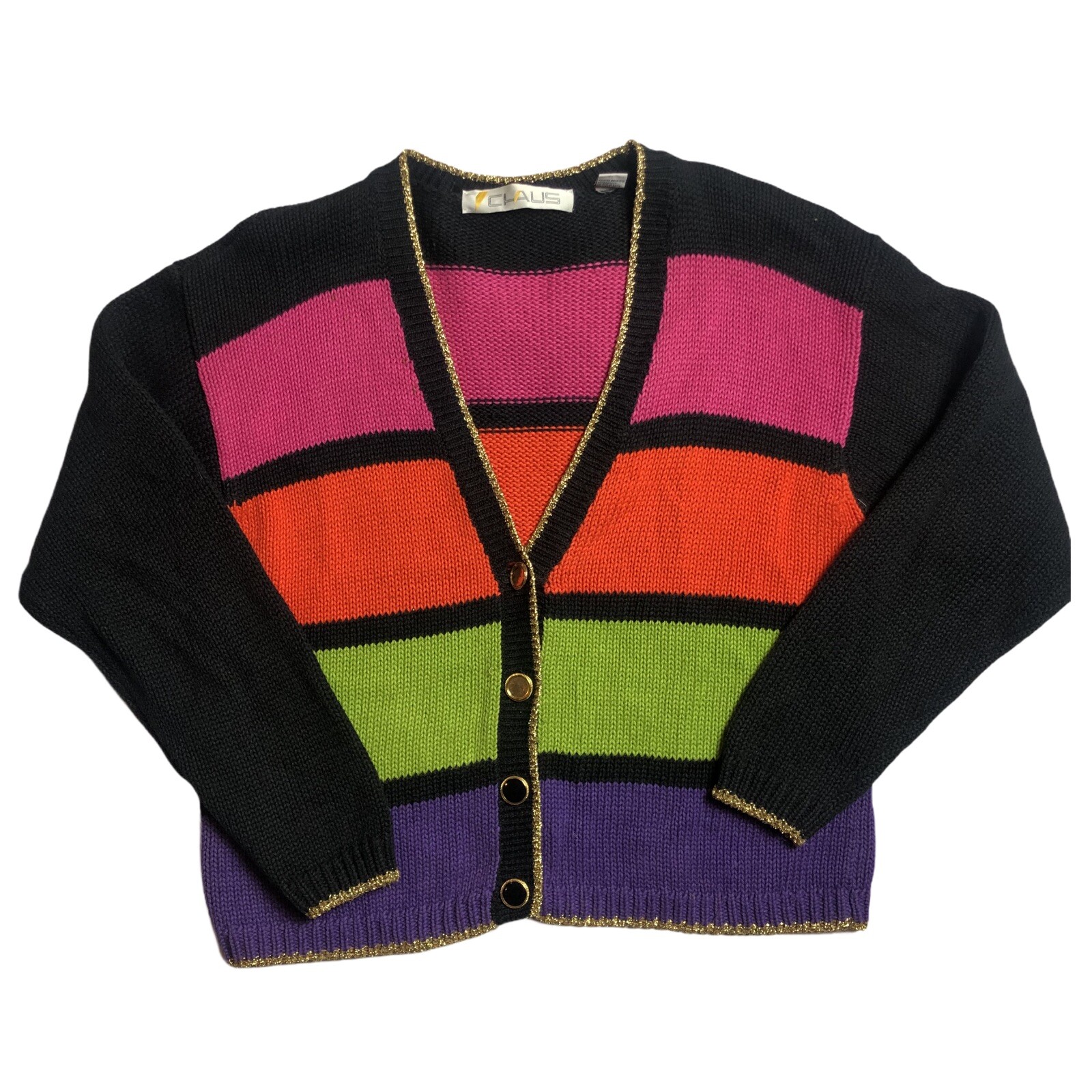 Vintage 80s 90s Colorblock Oversized Cardigan Sweater Neon M Retro chic