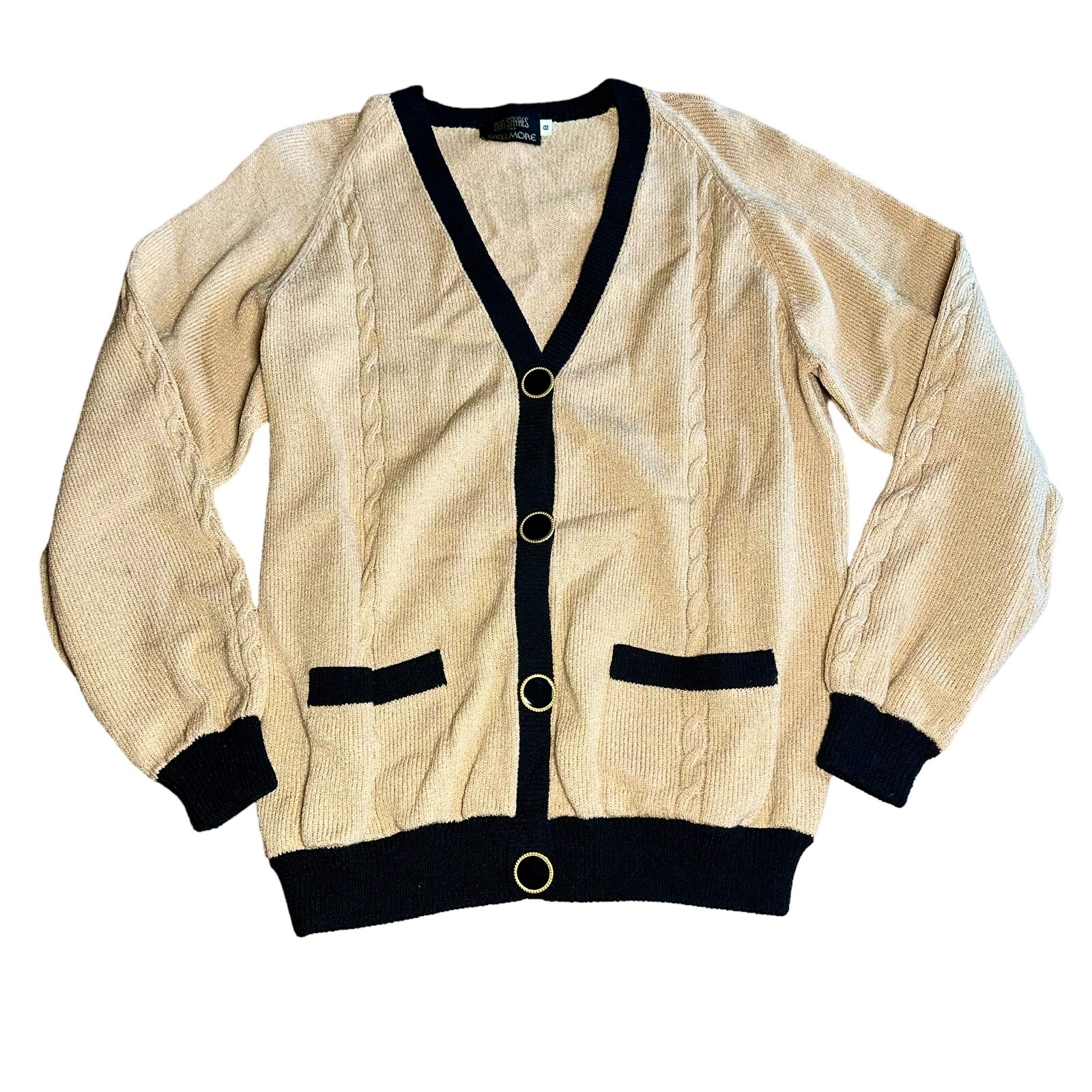 Vtg DON SAYRES for WELLMORE Sz 8 M Made USA Camel Tan Wool Caridgan Sweater RARE