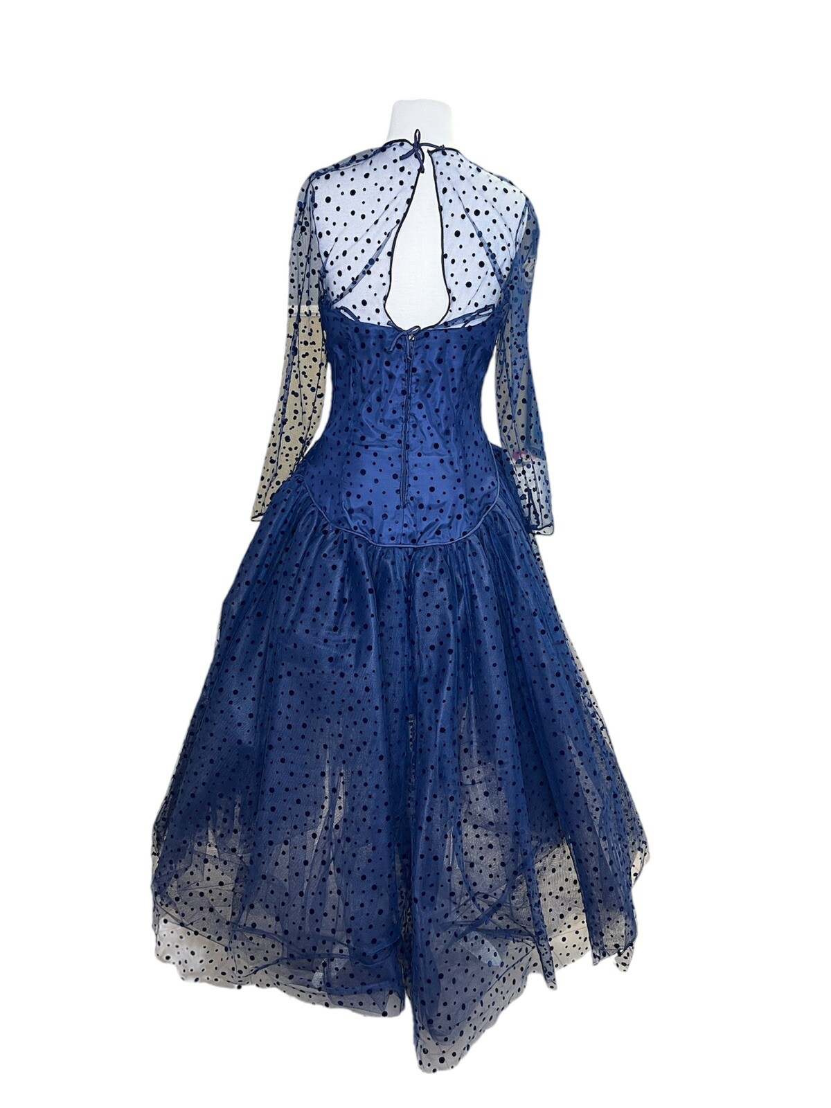 Arnold Scaasi Navy Tiered Tulle Dress Sheer Velvet Polka Dot Overlay Medium Prom